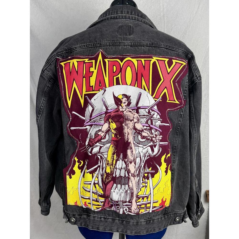 marvel weapon x punk grunge custom black denim jacket comic‎ geekcore x men L